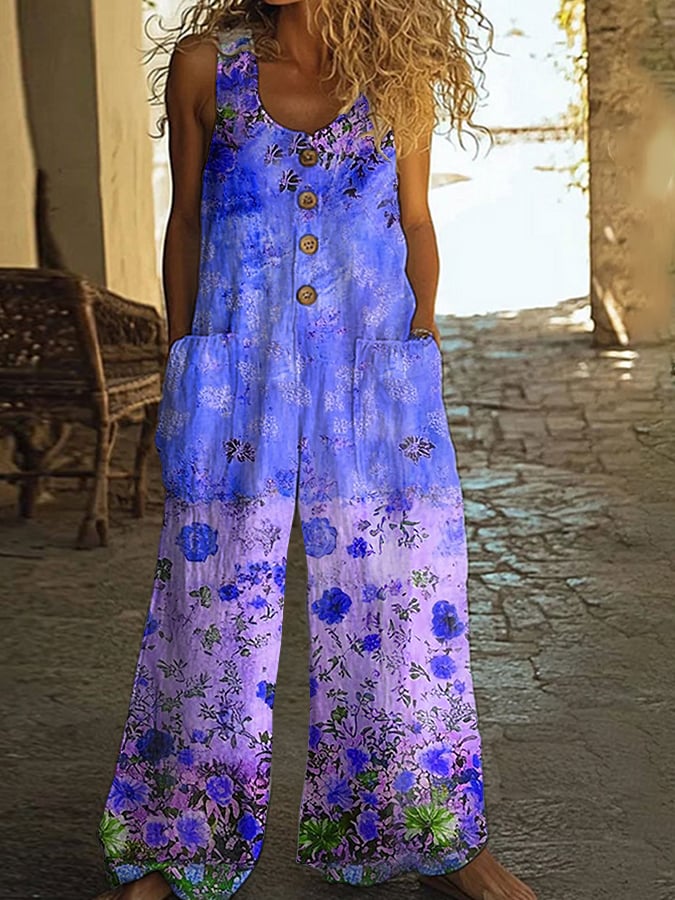 Damski swobodny kombinezon vintage z kwiatowym wzorem patchworkowym