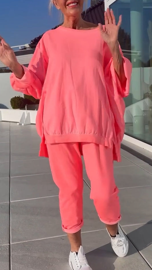 Letni damski okrągły dekolt rozcięcie jasny kolor casualowy garnitur