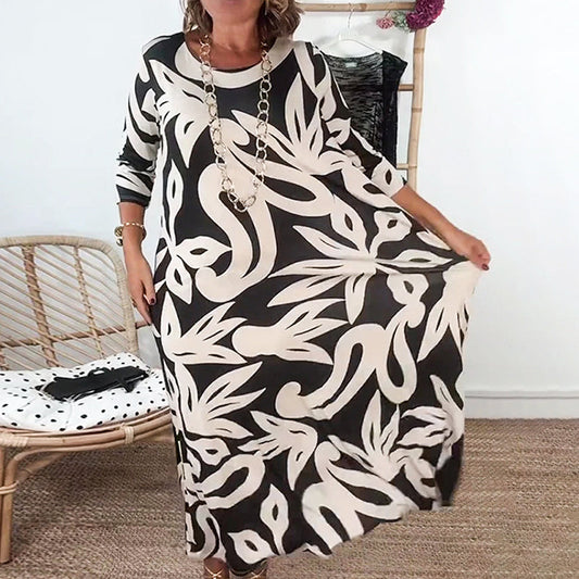 🌼Elegancka, luźna, z okrągłym dekoltem, wzorzysta sukienka damska
