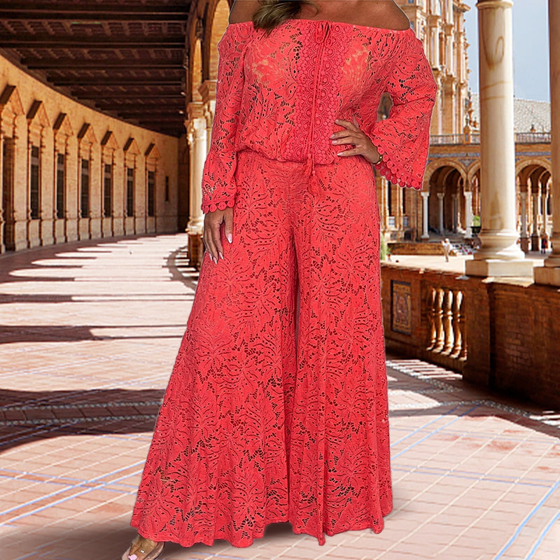 ⏰ Oferta ograniczona czasowo – 50% zniżki! 🎀Komplet damski: koronkowy top + szerokie spodnie, dwuczęściowy