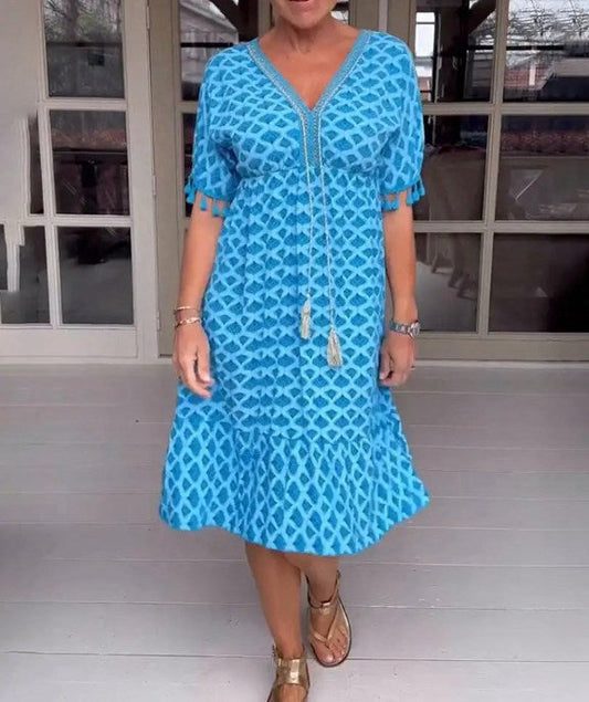 🔥Sukienka midi z dekoltem w kształcie litery V, frędzlami i rękawami z nadrukiem