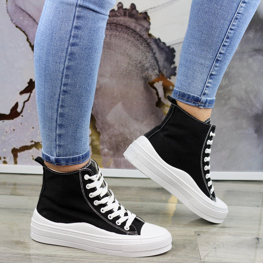 CZARNE DŁUGIE TRAMPKI DAMSKIE NA GRUBEJ PODESZWIE