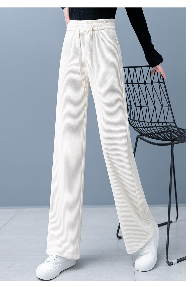 🔥✨Wyprzedaż świąteczna🎅🎁 Damskie spodnie z szeroką nogawką i sznurkiem z podszewką i wzmocnionym jednolitym kolorem.