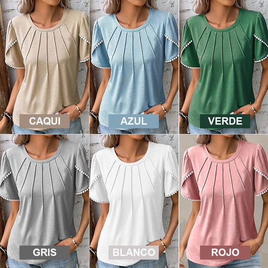 🔥Nowa damska, swobodna, jednokolorowa, koronkowa koszulka z okrągłym dekoltem