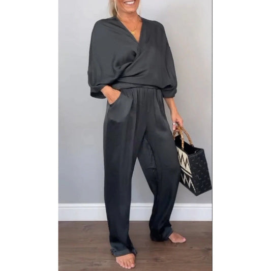 💞💞Dwuczęściowy komplet damski, zawierający top z dekoltem w serek i spodnie