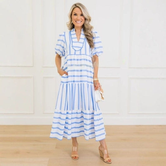 🌸Damska letnia sukienka w paski, luźna, swobodna, z krótkim rękawem