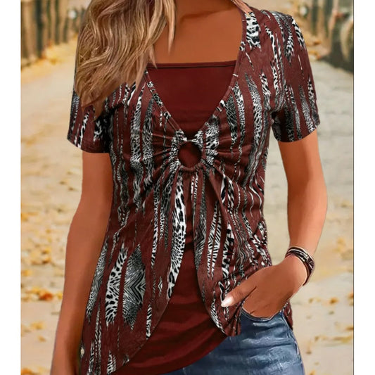 🔥Damska koszulka z krótkim rękawem Vintage Square Neck Leopard Print