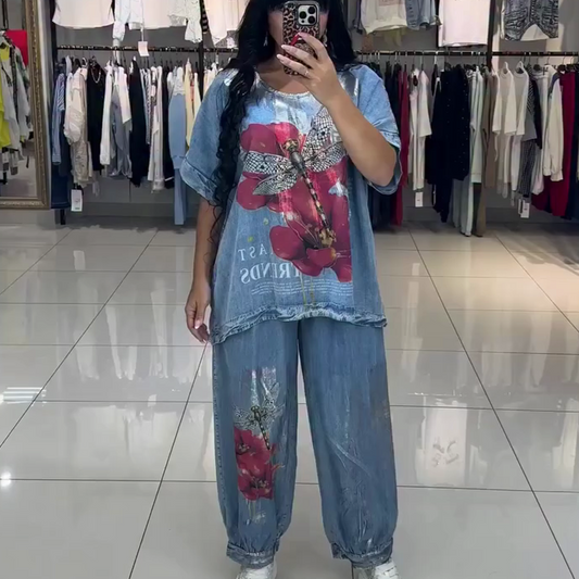 Komplet damski z nadrukiem, top i spodnie