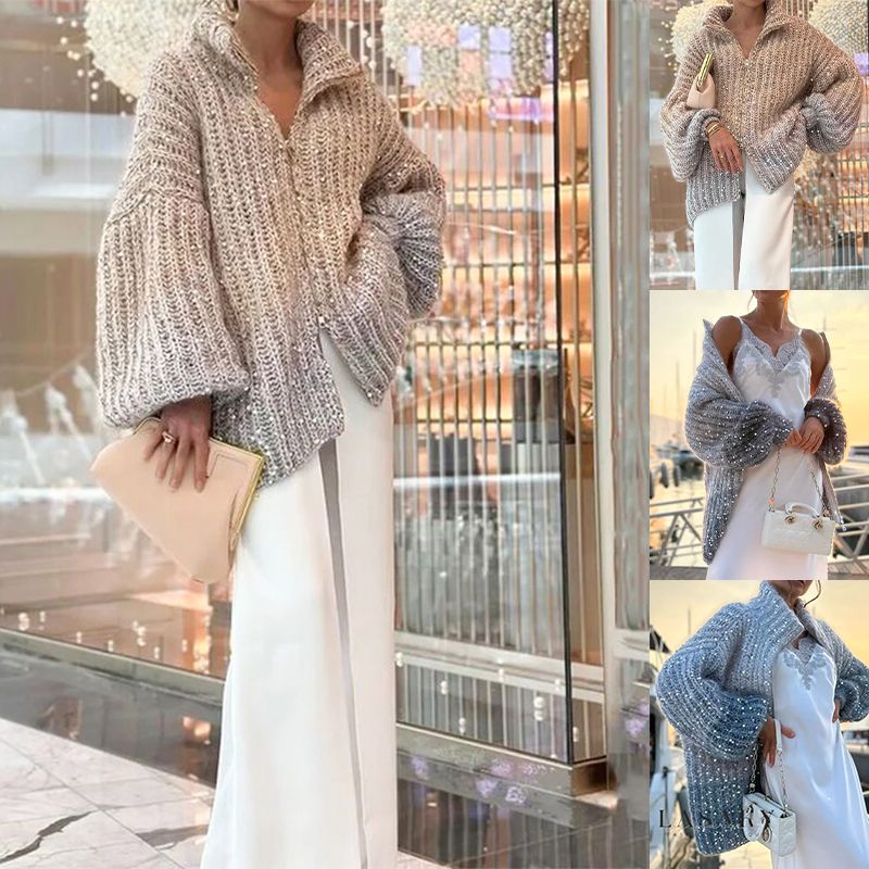 【Nowości 2025】Damski sweter z dzianiny z cekinami i zamkiem błyskawicznym na całej długości