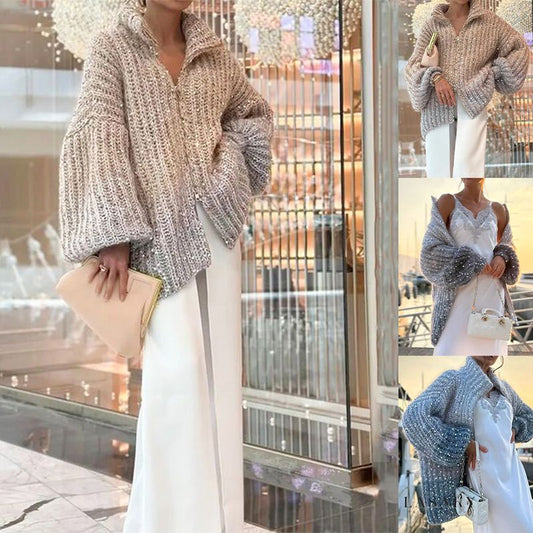 【Nowości 2025】Damski sweter z dzianiny z cekinami i zamkiem błyskawicznym na całej długości