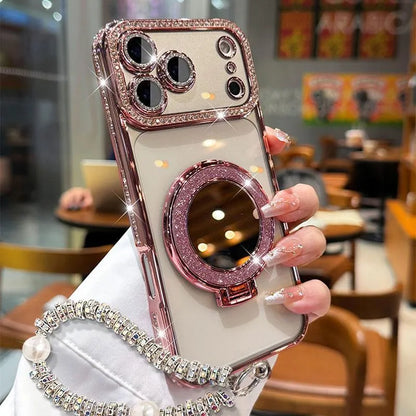 ✨💎Błyszczące diamentowe etui na telefon dla kobiet z lusterkiem i podstawką do iPhone'a 12/13/14/15/16/17 Pro Max, 17Air, 14/15/16 Plus💖