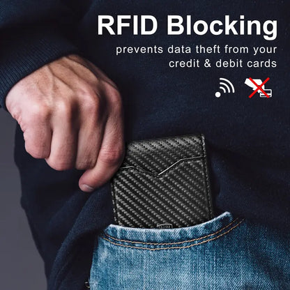 Etui na karty kredytowe ze skóry i włókna węglowego z blokadą RFID
