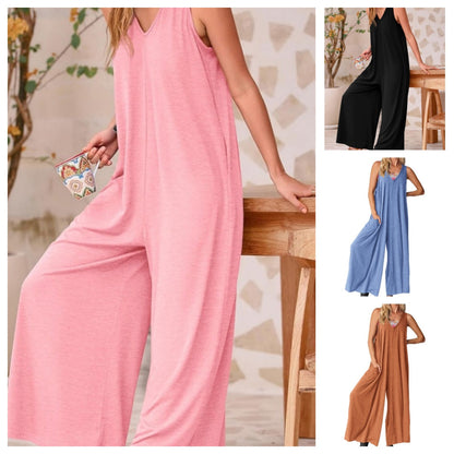 Damski kombinezon z szerokimi nogawkami i dekoltem w szpic, na co dzień