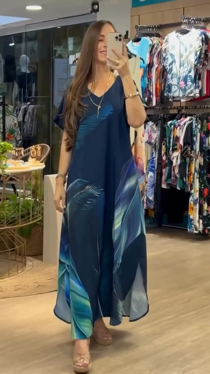 Damska luźna, swobodna sukienka z dekoltem w serek, nadrukiem i krótkimi rękawami