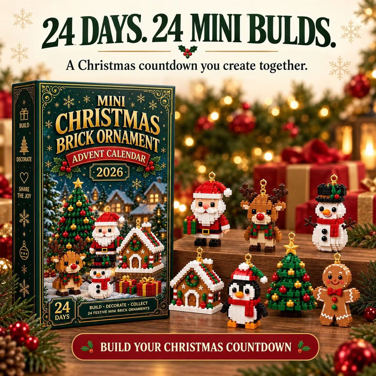 🎄 24-dniowy mini kalendarz adwentowy z ozdobami świątecznymi | 24 wyjątkowe, świąteczne, do samodzielnego zbudowania wzory z pętelkami do zawieszania — idealne do dekorowania choinek, wieńców i świątecznych dekoracji 🧱