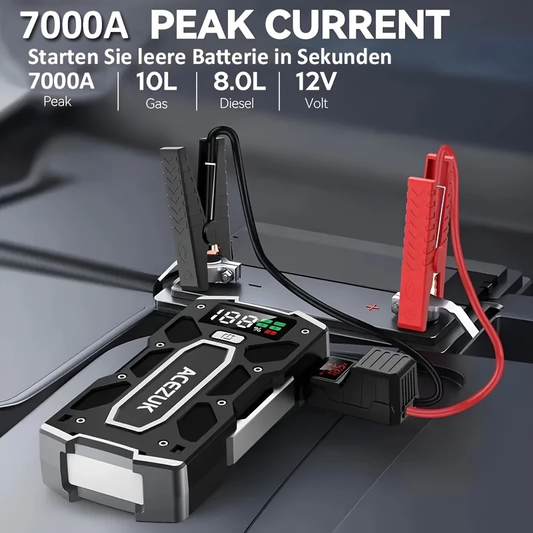 Rozrusznik samochodowy 7000A szczytowy 12V (10,0 l benzyny/8,0 l oleju napędowego), akumulator rozruchowy ze światłem LED, inteligentny rozrusznik z 8 zabezpieczeniami, w zestawie z torbą transportową