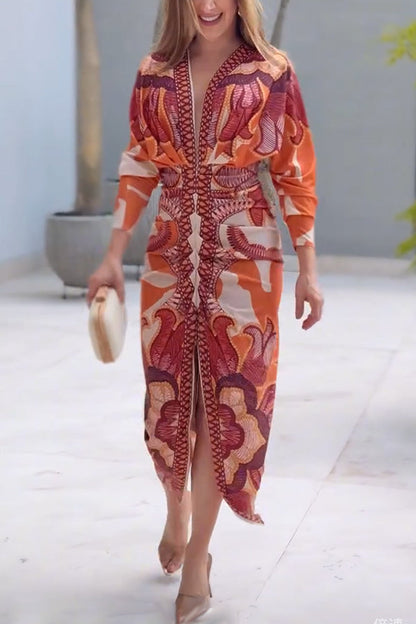 Unikalna sukienka midi w stylu brazylijskim z nadrukiem nietoperza i długim rękawem z plisowanym rozcięciem
