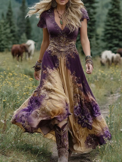 Elegancka, krótka sukienka maxi w odcieniu fioletu i lawendy z kwiatowym nadrukiem