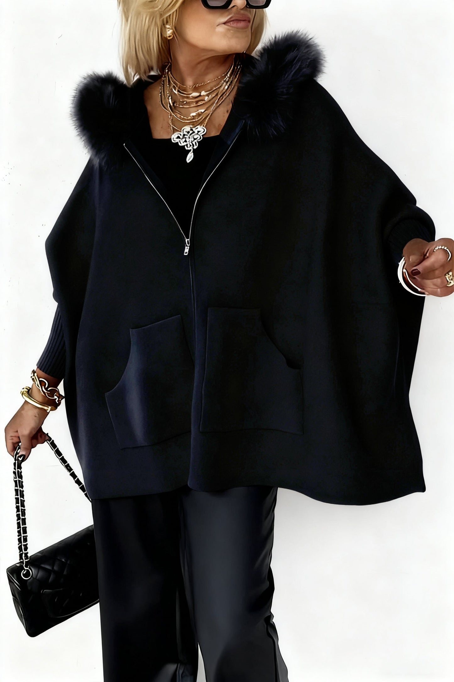 Damska kurtka casualowa z kołnierzem futrzanym w jednolitym kolorze