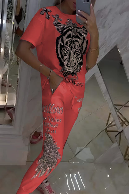 Dwuczęściowy komplet damski, top i spodnie w nowoczesnym wzorze diamentowym