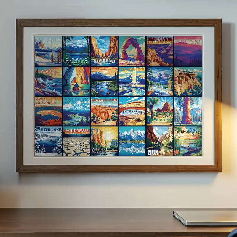 Rokt&razo Travel Series, 24 mini puzzle po 1000 elementów, 8 naklejek, 3 tematy: parki narodowe, światowe dziedzictwo, globalna wycieczka po mieście