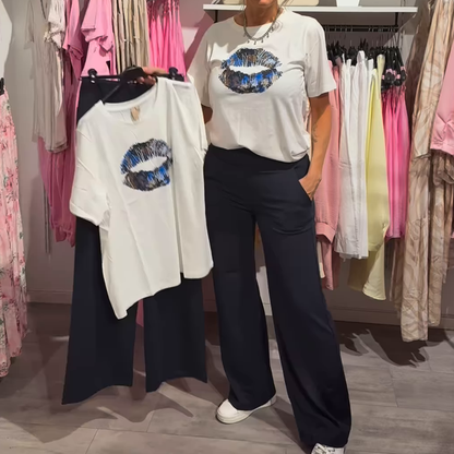 Dwuczęściowy komplet damski z nadrukiem, top i spodnie