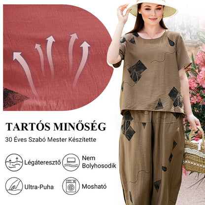 💞 Damski wzorzysty zestaw składający się z krótkiego topu z krótkim rękawem i szerokich spodni o skróconej nogawce