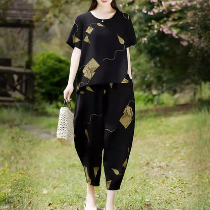 💞 Damski wzorzysty zestaw składający się z krótkiego topu z krótkim rękawem i szerokich spodni o skróconej nogawce