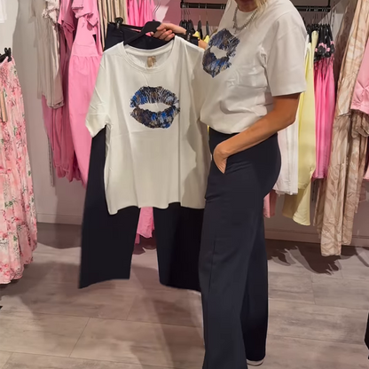 Dwuczęściowy komplet damski z nadrukiem, top i spodnie