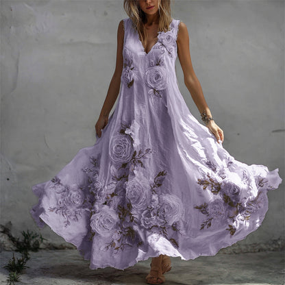 Sukienka maxi z lnu w stylu vintage z wzorem białej róży