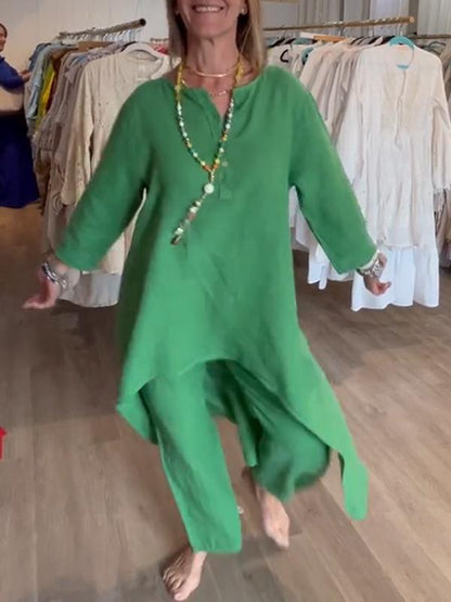 Garnitur damski lniany w kolorze monochromatycznym