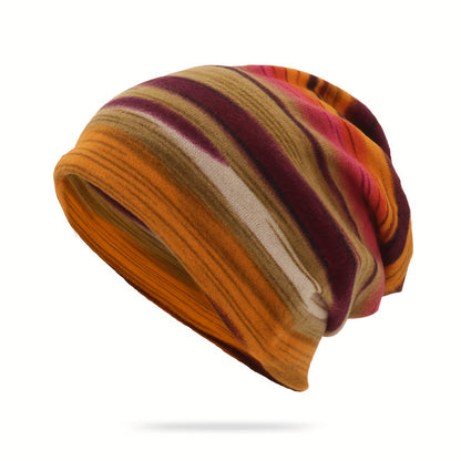 Pandaize Kolorowe Paski Retro Termiczna Luźna Czapka Beanie - Dzianina Vintage na Jesień i Zimę