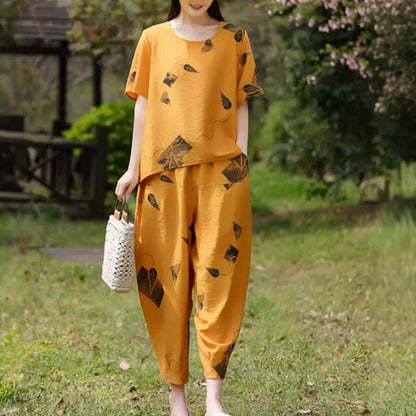 💞 Damski wzorzysty zestaw składający się z krótkiego topu z krótkim rękawem i szerokich spodni o skróconej nogawce