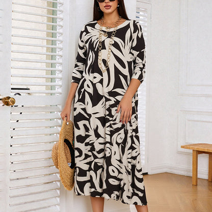 🌼Elegancka, luźna, z okrągłym dekoltem, wzorzysta sukienka damska