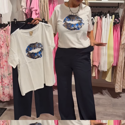 Dwuczęściowy komplet damski z nadrukiem, top i spodnie