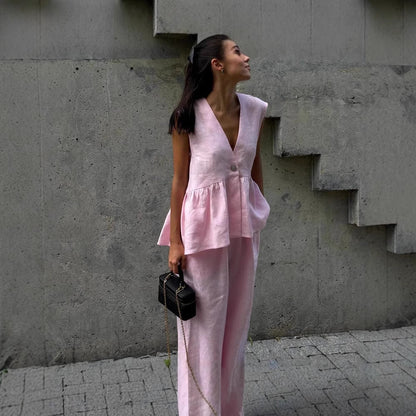 Dwuczęściowy komplet damski z bawełny w jednolitym kolorze, dekoltem w serek, bez rękawów, bluzką i spodniami