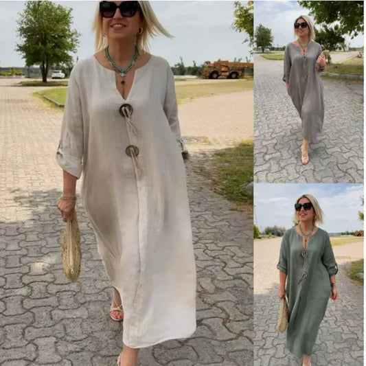 🎁👗Bawełniana i lniana sukienka z dekoltem V