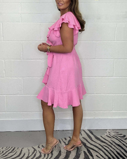 2025 Lato Nowa Sukienka z Dekoltem w Serek Sukienka w Jednolitym Kolorze Falbana