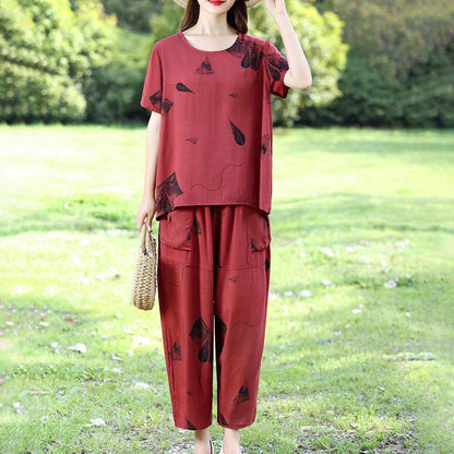 💞 Damski wzorzysty zestaw składający się z krótkiego topu z krótkim rękawem i szerokich spodni o skróconej nogawce