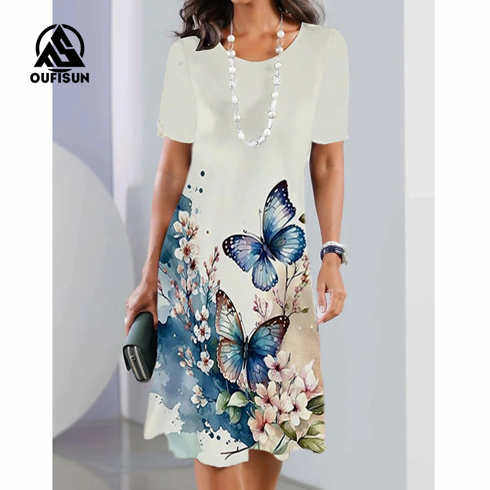 Moda kwiatowy nadruk krótkie rękawowe sukienki Maxi Motyl Kwiatowy długi sukienka