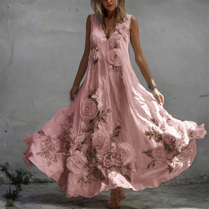 Sukienka maxi z lnu w stylu vintage z wzorem białej róży