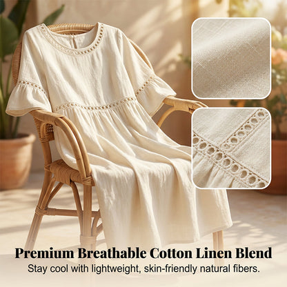 Przytulna sukienka z bawełny i lnu z koronką i luźnym krojem