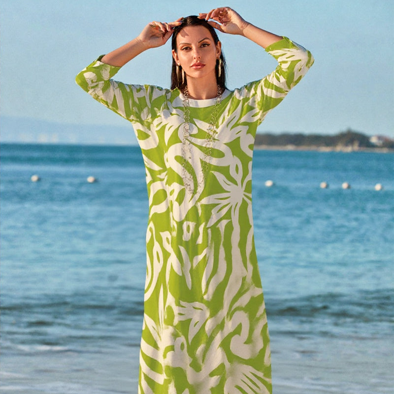 🌼Elegancka, luźna, z okrągłym dekoltem, wzorzysta sukienka damska