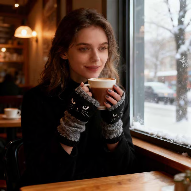 🐱 Śliczne damskie rękawiczki dzianinowe w kształcie kota🧤🧶