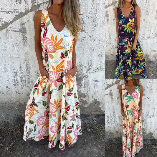 Modna sukienka z dekoltem w serek, luźną kieszenią i nadrukiem bez ramiączek