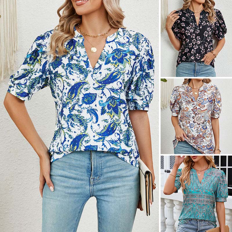 【M-2XL】🌸Damski letni top z nadrukiem i dekoltem w serek