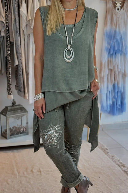 Damskie nieregularne, jednokolorowe, okrągłe, bezrękawnikowe, drukowane spodnie z podwójnym dołem