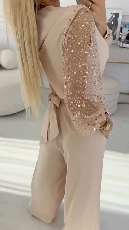 👑Damski garnitur casualowy z bufiastymi rękawami i dekoltem w serek, zdobiony cekinami