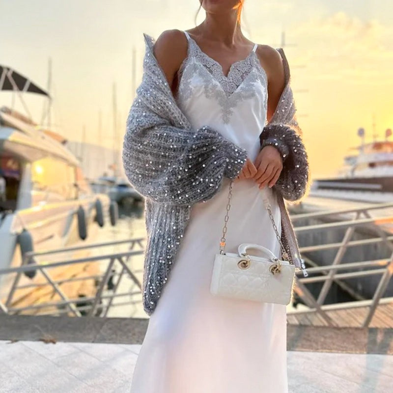 【Nowości 2025】Damski sweter z dzianiny z cekinami i zamkiem błyskawicznym na całej długości