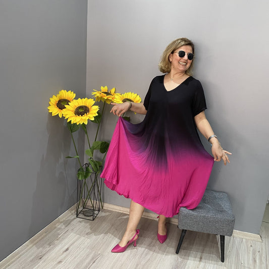 Włoska swobodna sukienka z długim rękawem i gradientem tie-dye